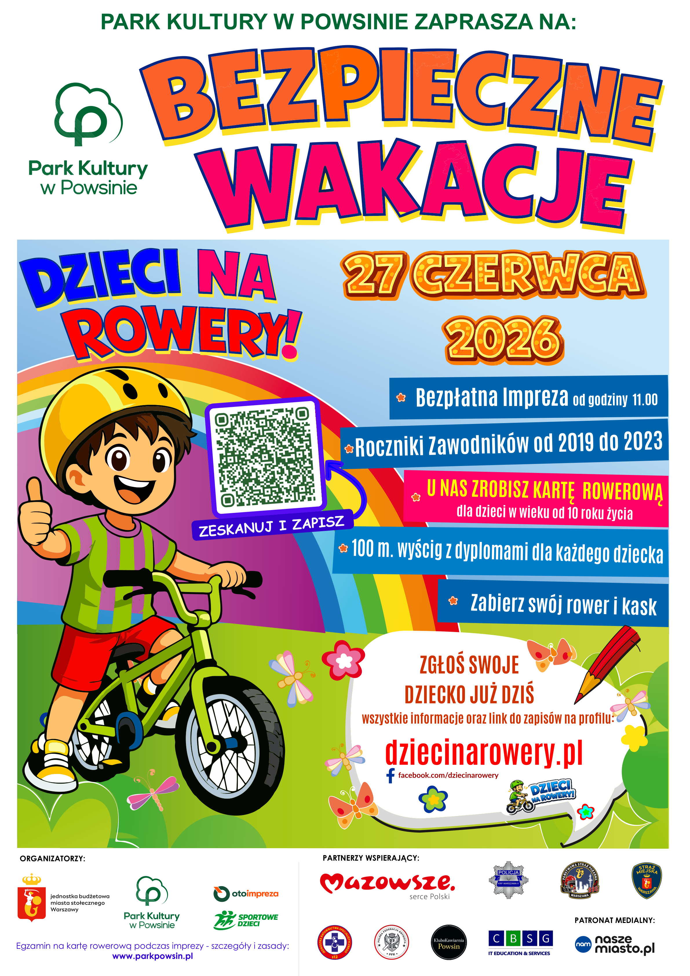 Plakat wydarzenia Bezpieczne Wakacje w Parku Kultury w Powsinie 27 czerwca 2026