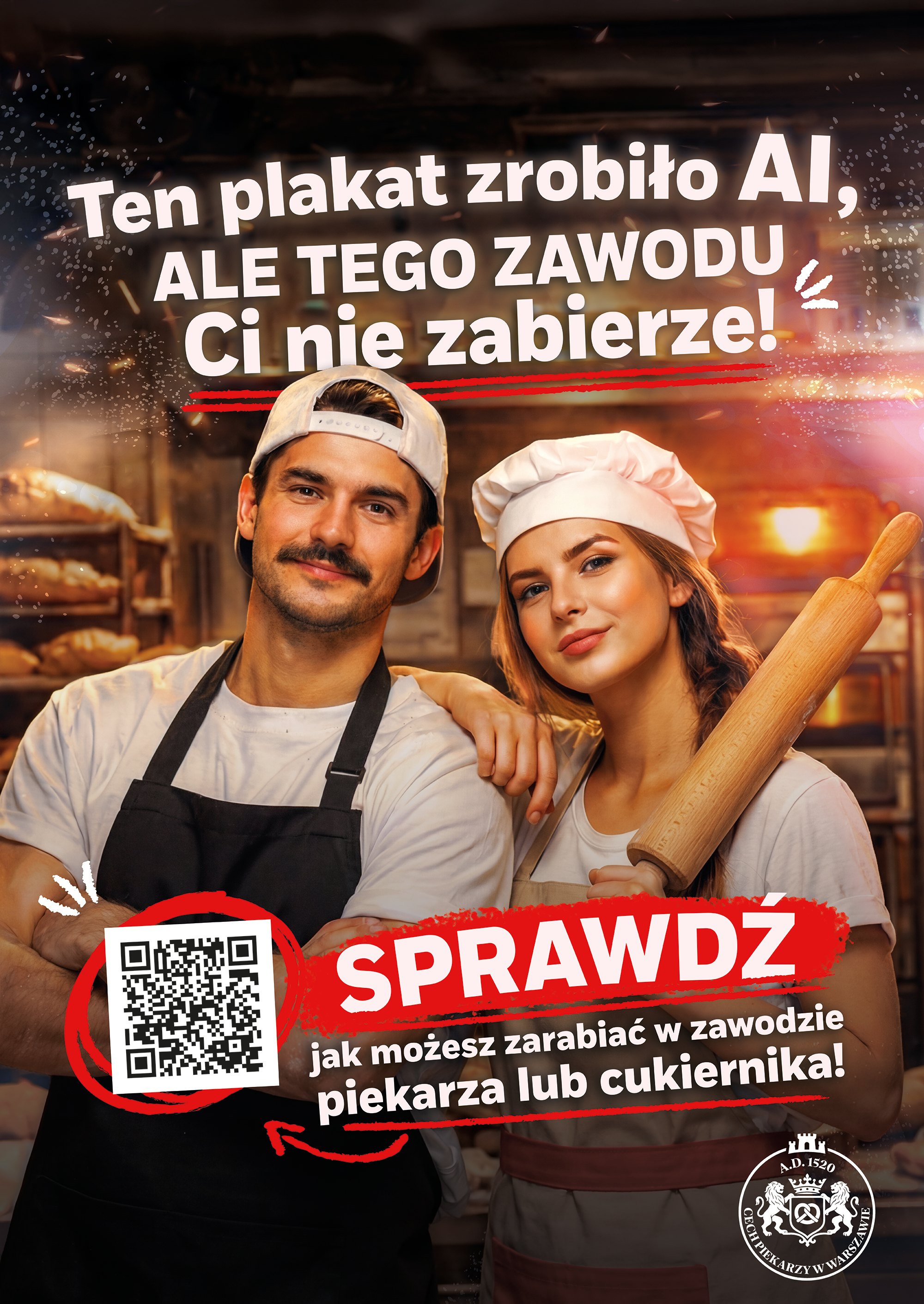 Plakat kampanii Cechu Piekarzy w Warszawie: zawody piekarz i cukiernik