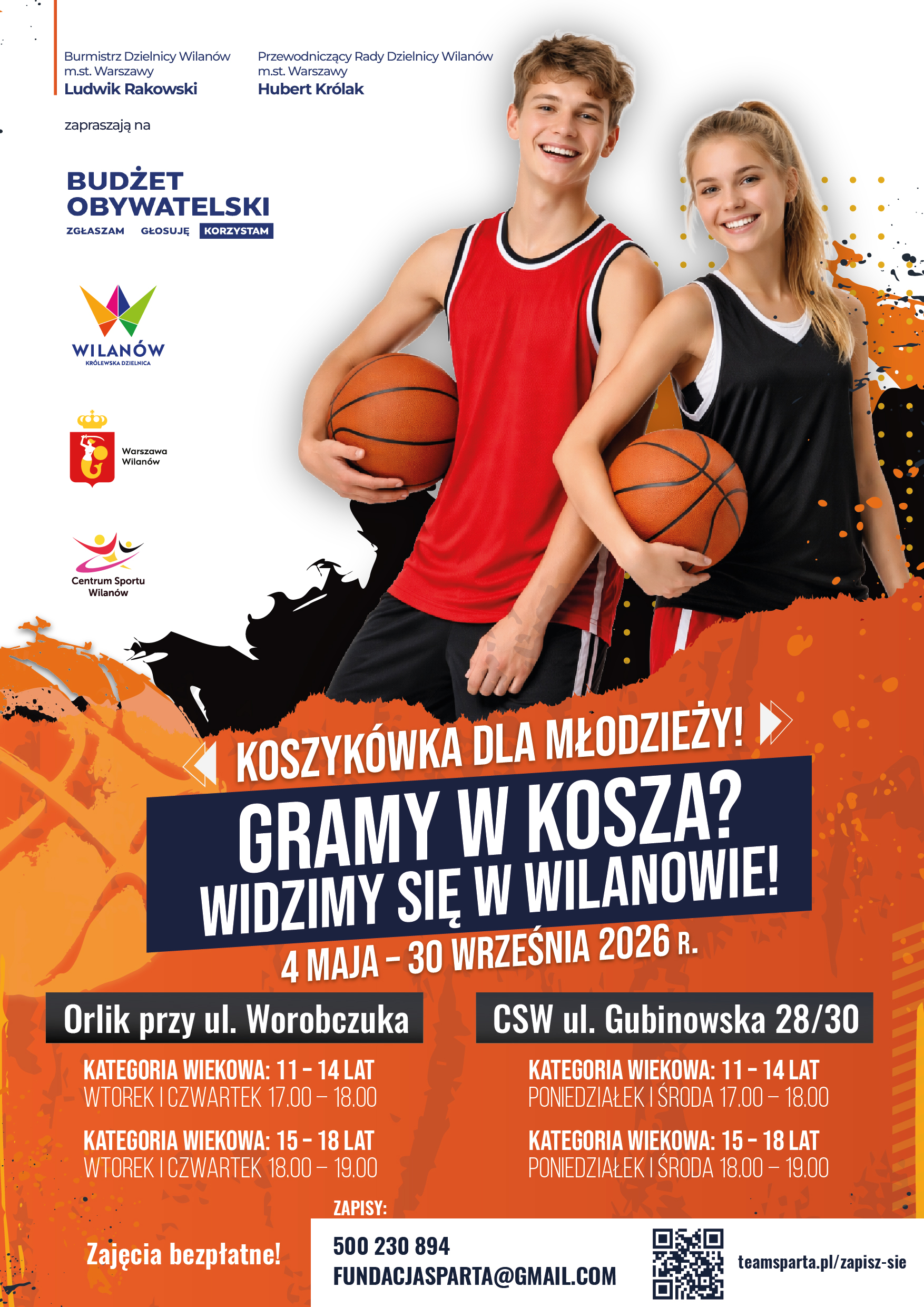 Plakat: Koszykówka dla młodzieży w Wilanowie