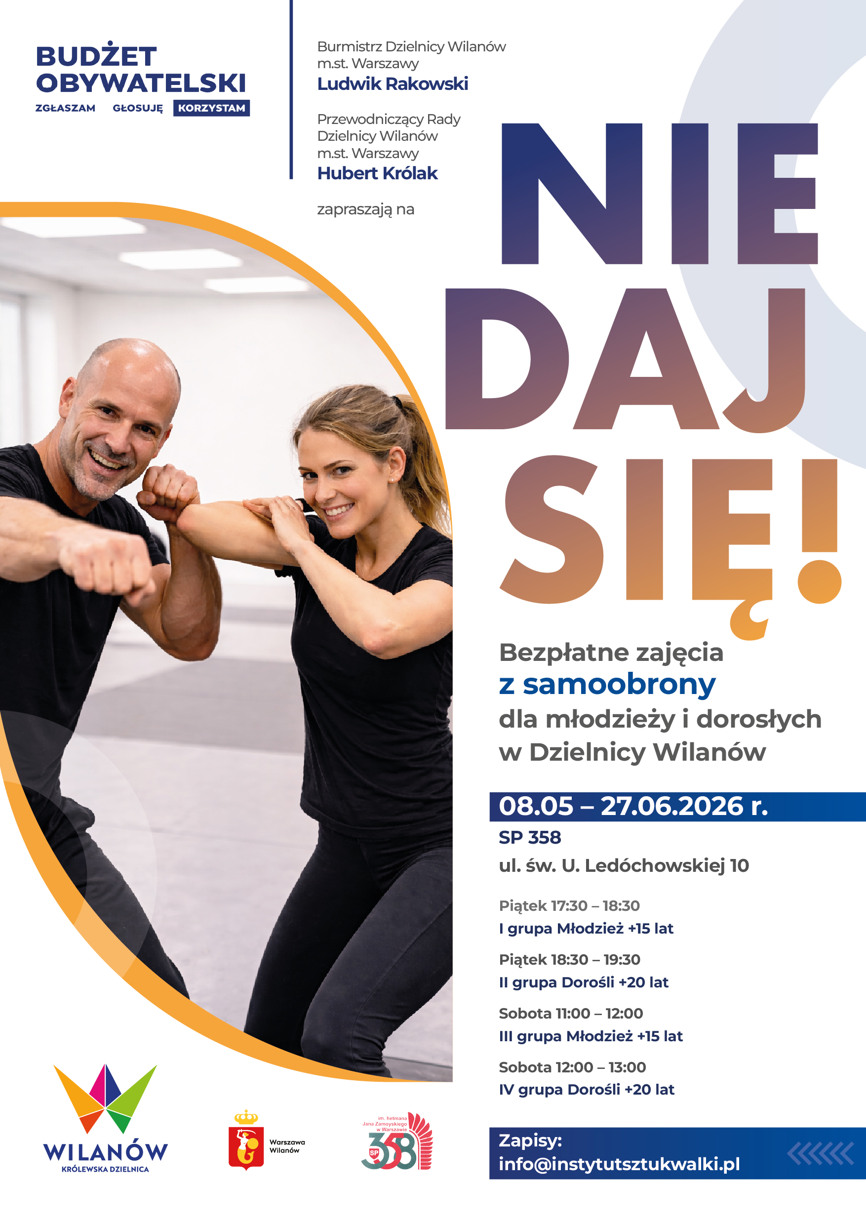 Plakat: Bezpłatne zajęcia z samoobrony w Wilanowie